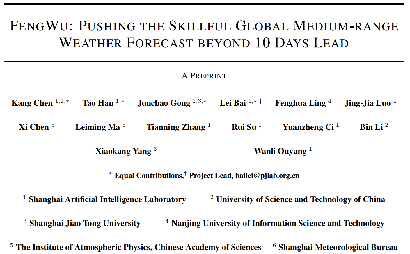 上海AI实验室联合国内多家知名高校提出FENGWU：领先全球中期（10天以上）天气预报