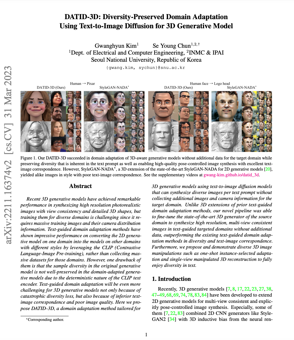 CVPR 2023｜DATID-3D： 使用文本-图像扩散的三维生成模型的多样性保留领域适应