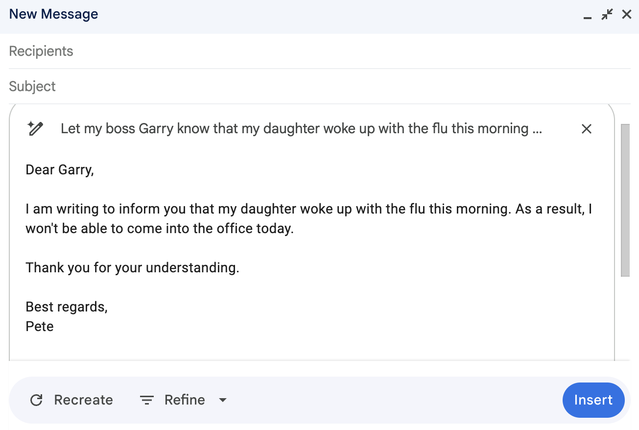 Gmail 的 Gemini 电子邮件草稿生成功能响应